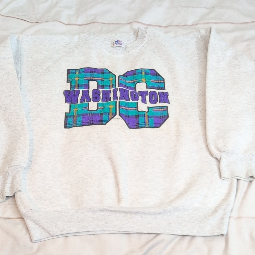 Vintage Heather Gray Washington DC Sweatshirt Plaid Purple Green Design Large - Picture 1 of 7